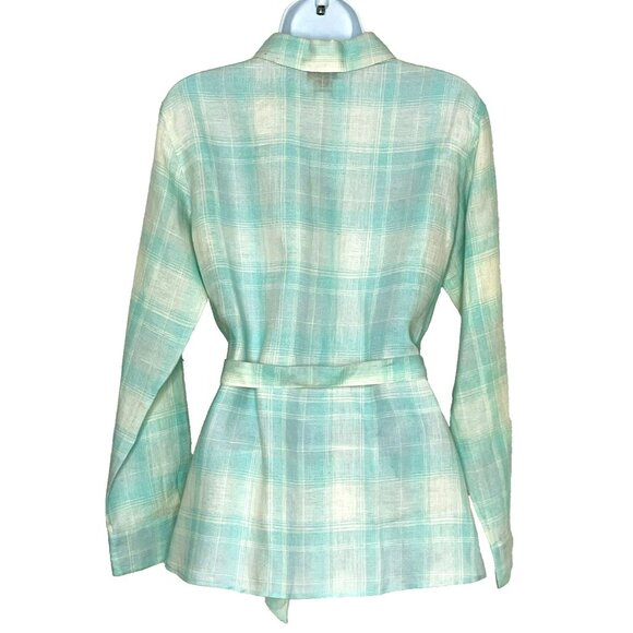 Talbots Petites Irish Linen Button Up Shirt w Belt sz 10P Blue Plaid Coastal - Picture 2 of 9